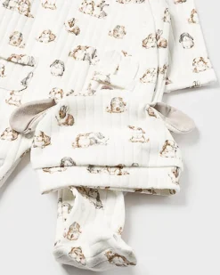 Tutina Mayoral bianca in cotone stretch con stampa coniglietti e berretto con orecchiete