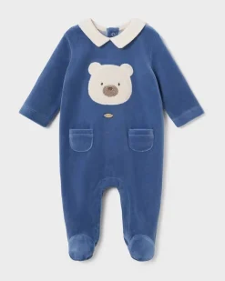 Tutina Mayoral blu in velluto a maniche lunghe con orsetto e colletto