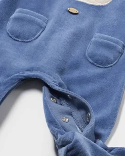 Tutina Mayoral blu in velluto a maniche lunghe con orsetto e colletto