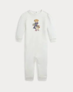 Tutina Ralph Lauren bianca in misto cotone a maniche lunghe con stampa orsetta