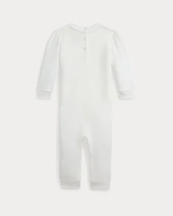 Tutina Ralph Lauren bianca in misto cotone a maniche lunghe con stampa orsetta