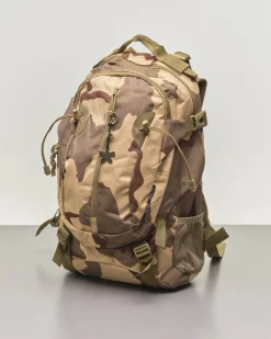 Zaino mimetico beige e marrone in tessuto con tasca esterna con zip verticale
