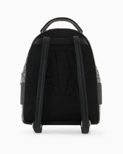 Zaino nero a motivo logo beige in similpelle con maxi fibbia logo in metallo a specchio tono su tono